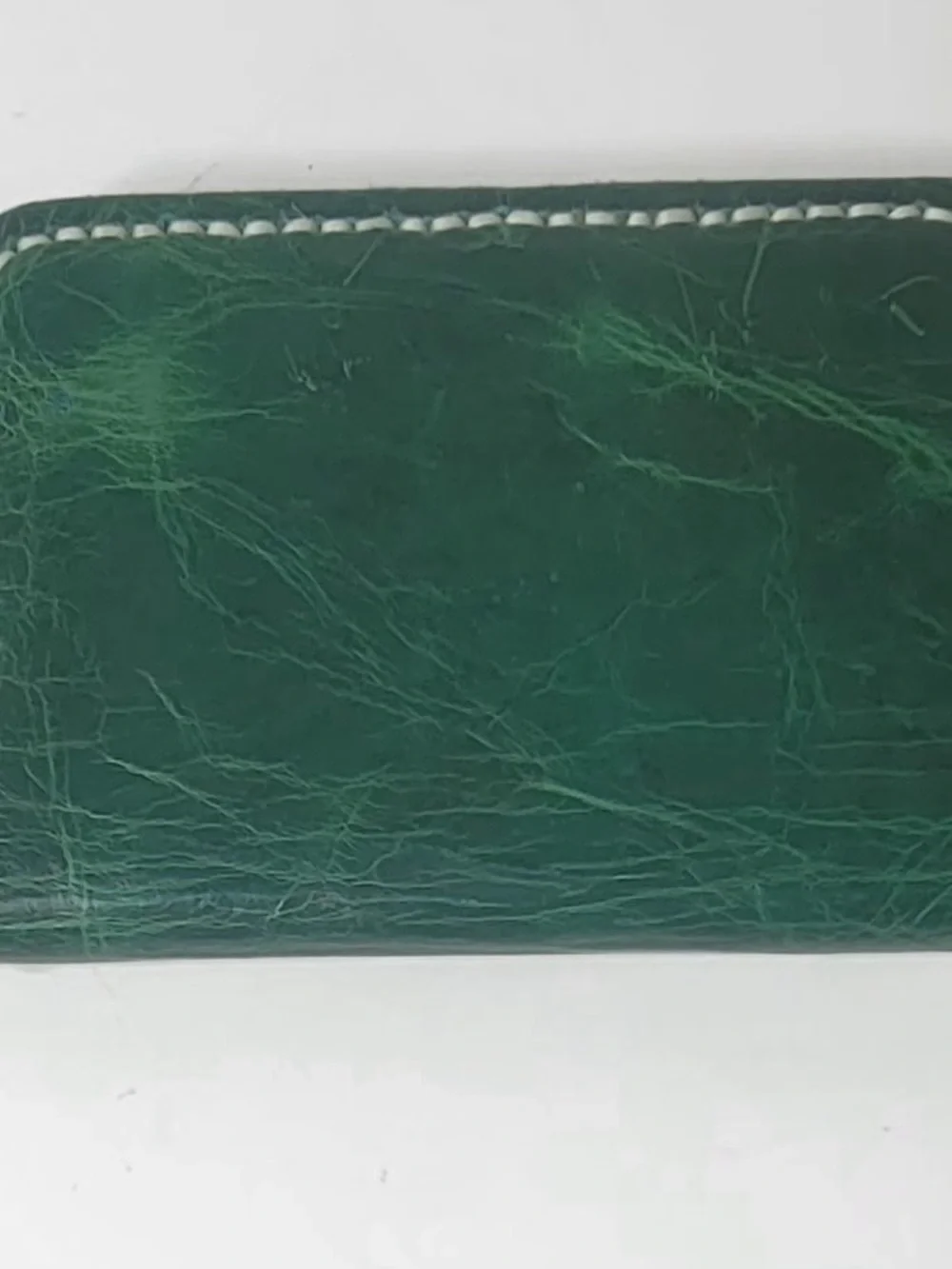Handmade Men's Green Leather Wallet with White Stitching